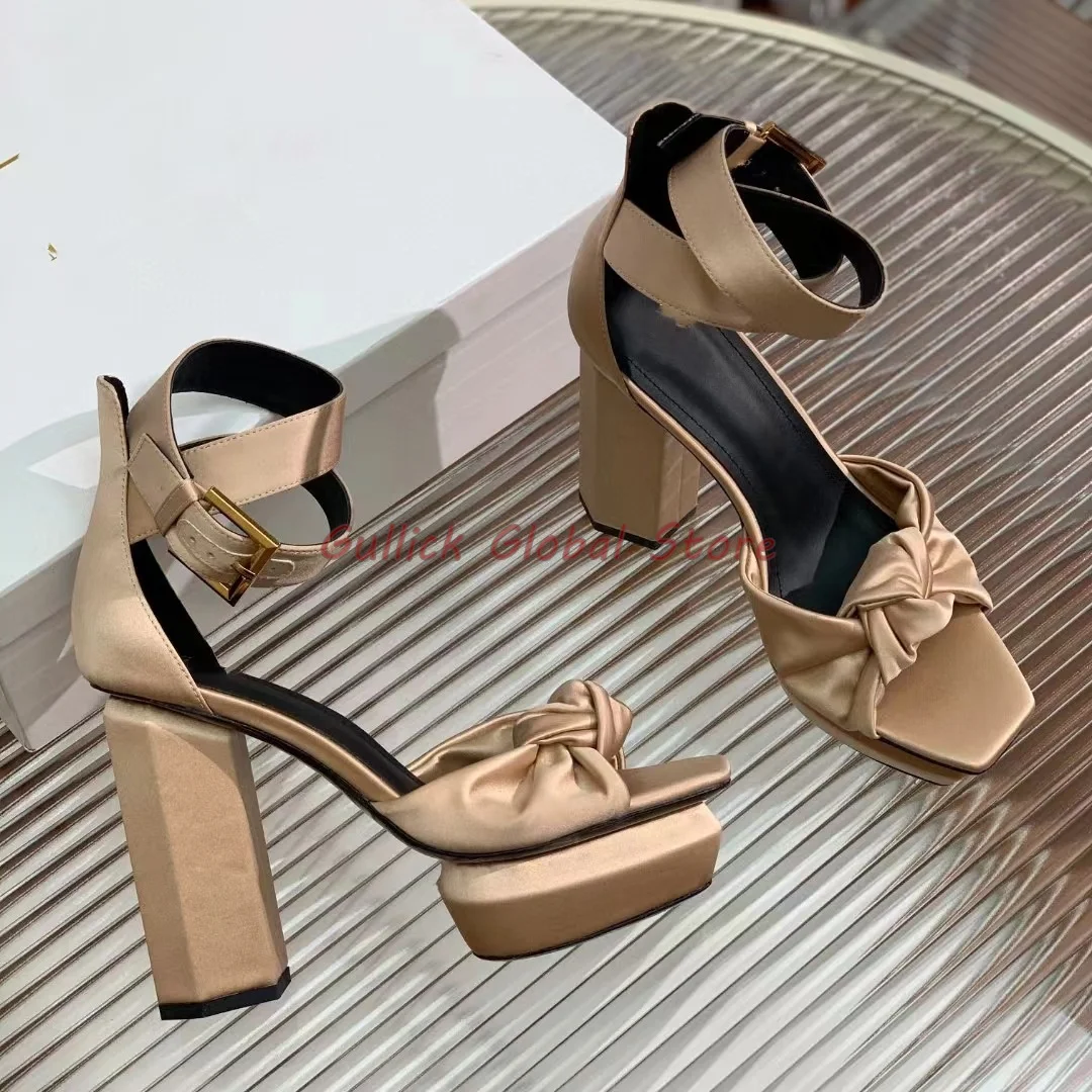 2024 New Arrival Genuine Leather Stain Square Toe Platform Chunky Heels Sandals Butterfly Knot Sexy Women Shoes Summer Club Soft