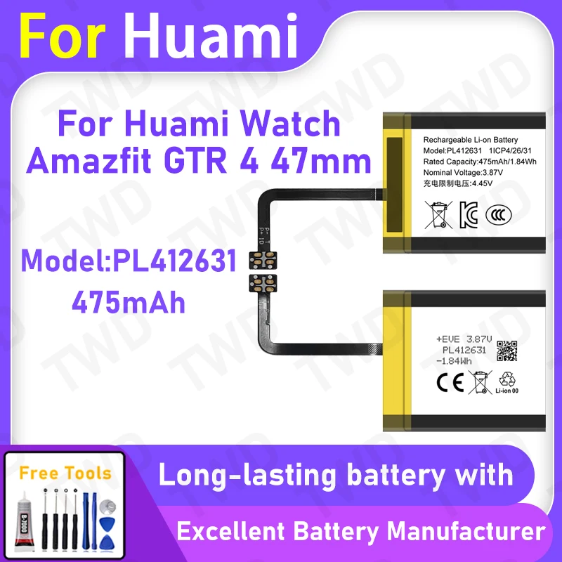 

100% New 475mAh PL412631 Battery For Huami Watch Amazfit GTR 4 47mm Replacement Bateria+Free Tools