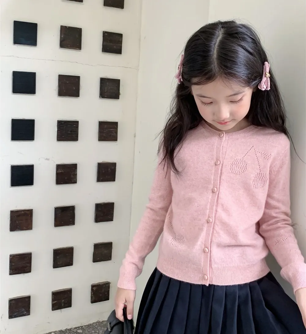 girl sweaters  kids girls clothes baby sweaters soft warm coat wool blend Fruit cherry hollow pattern Knitted sweater cardigan