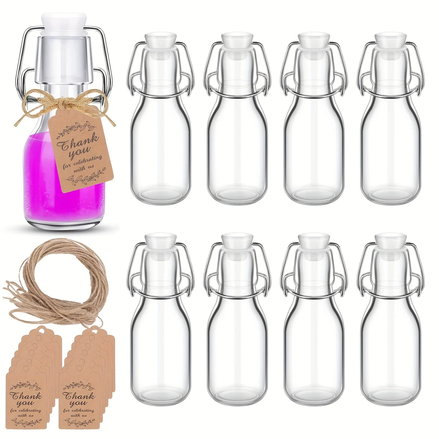 

8 Pcs 2 oz Mini Swing Top Bottles with Stoppers have Paper Tags and Twine for Crafts Decoration Birthday Party Wedding Favors