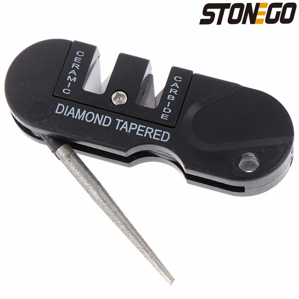 STONEGO Pocket Knife Sharpener - Multifunctional EDC Gear Keychain with 3-Stage Ceramic, Carbide, Diamond Tapered Sharpening