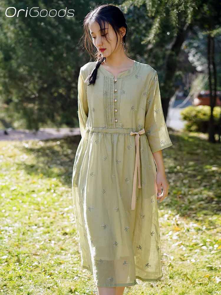 

OriGoods 2024 New Summer Dress Women Elegant Mori girl style Long Dress Ramie A-line Waisted Casual Dress Chinese style Q086