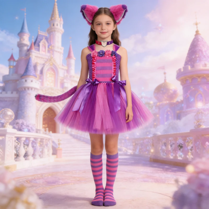 Pink Purple Striped Magic Cat Style Tutu Dress for Girls, Wonderland Theme Kids Halloween Party Dress Up Outfit