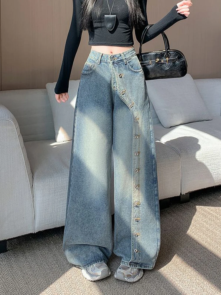 

High Waist Wide Leg Jeans Korean Sle Spring 2026 Chic Long Pants Women's Faion Casual Comfortable Non-Stretch Blue