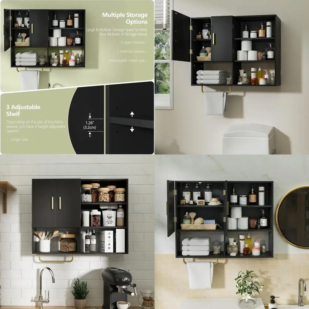 

Настенный шкаф для ванной комнаты. Деревянный большой настенный аптечный шкаф с 2 дверцами и 4 открытыми полками над шкафом для хранения туалета.