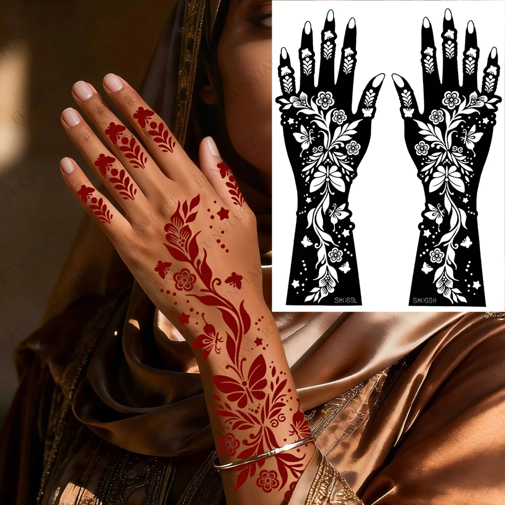 2-Blatt-Henna-Schablonen für Hand und Finger, Blumen-Henna-Tattoo-Vorlage für Frauen, Hochzeit, Festival, Körperbemalung