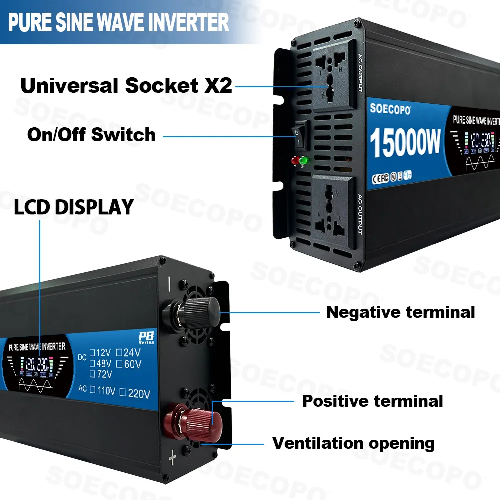 SOECOPO 7000W Solar System Kit for Home: 200W Panel, Pure Sine Wave Inverter 2 sockets 12V 110V/220V, 100A Controller Camping