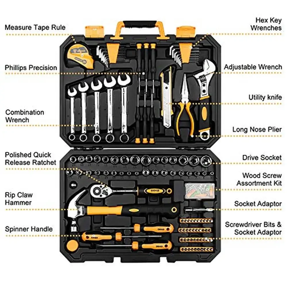 158-Piece Tool Set with Case Steel Auto Repair Kit Combination Wrenches Pliers Ratchet Adjustable Hammer Measure Tape Drive