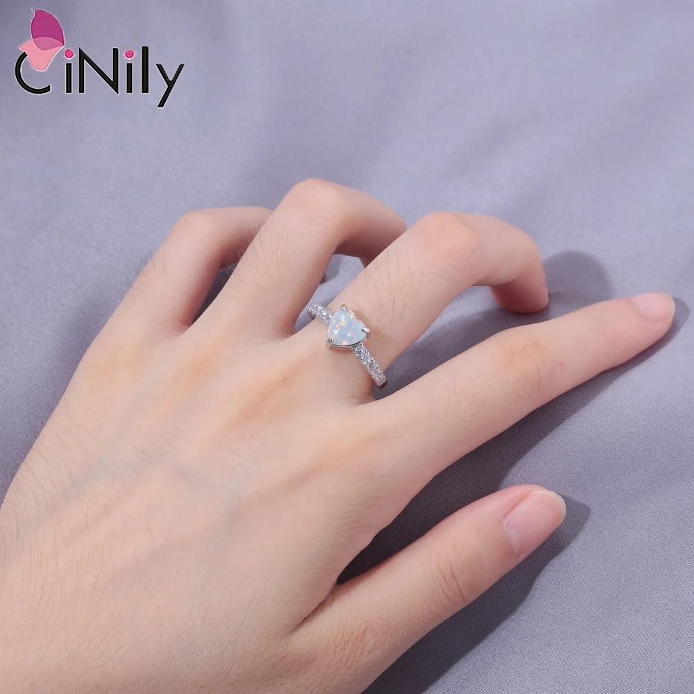 CiNily Created White Fire Opal Rings with Cubic Zirconia Silver Plated Heart Shape Ring Cute Jewelry for Women Love Gift Size6-8 view 6