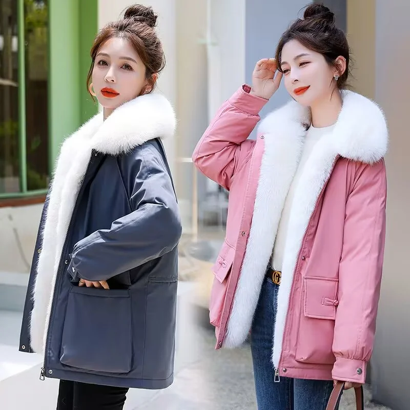 2024 Winter Warm Coat New Cotton Coat Short Large Plush Thickened Large Fur Collar Hooded Cotton Coat Parka Female Pink