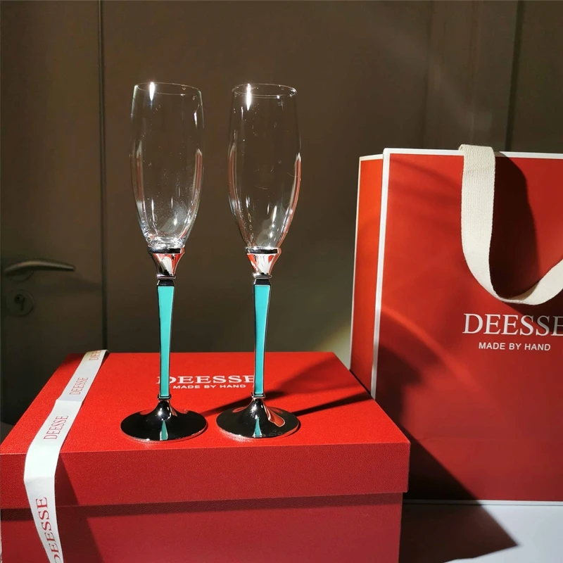 Crystal Wine Glasses with Blue and Black Red White, Handmade Goblet, Champagne Cup, Daily Use Gift, Drinkware for Hotel, 2PCs