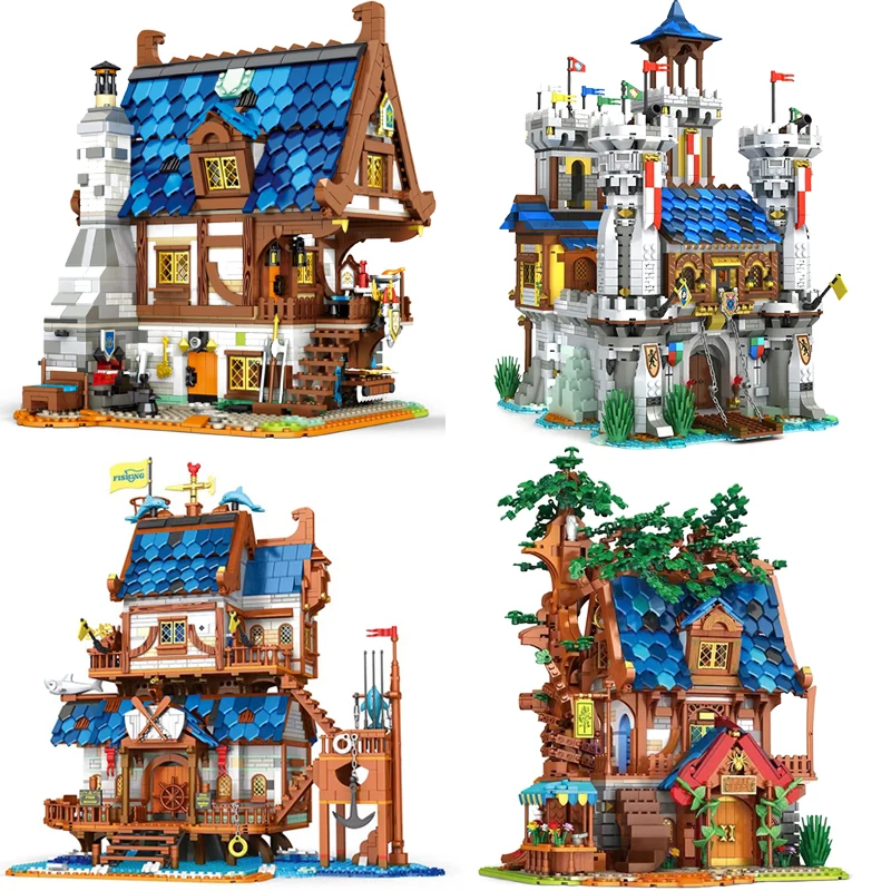 MOC Militair Middeleeuws Kasteel Bouwsteen Stadspoort Ridder Smid Boomhut Model Bakstenen Met LED Speelgoed Voor Kindercadeau