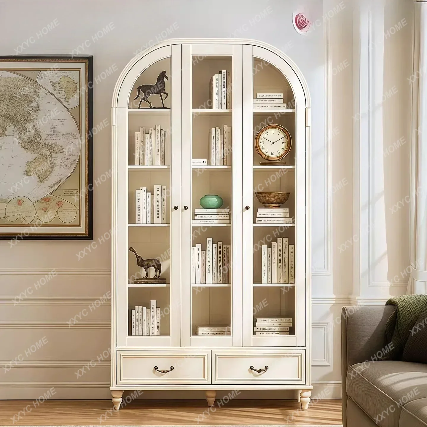 

Style Solid Wood Arched Bookcase with Glass Doors, Ivory White Vintage Storage Display Cabinet, Floor-standinglx