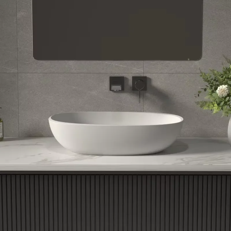 Modern Solid Surface Countertop Basin Antibacterial Resin Stone Art Washbasin for Luxury Hotel Villa Bathroom Sink European