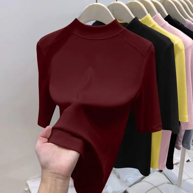 

Летняя женская базовая рубашка со средним рукавом с резьбой, весенняя модная сексуальная облегающая футболка со средним вырезом для отдыха и короткими рукавами, топ