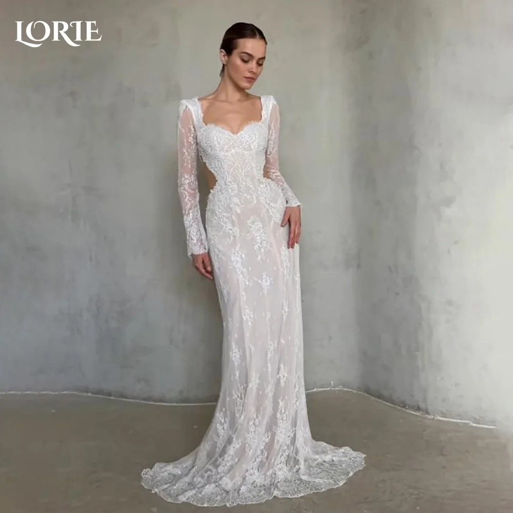 

LORIE Vintage Lace Mermaid Wedding Dresses Pleats 3D Flowers Bridal Gowns Appliques Long Sleeve Corset Bride Dress Customized