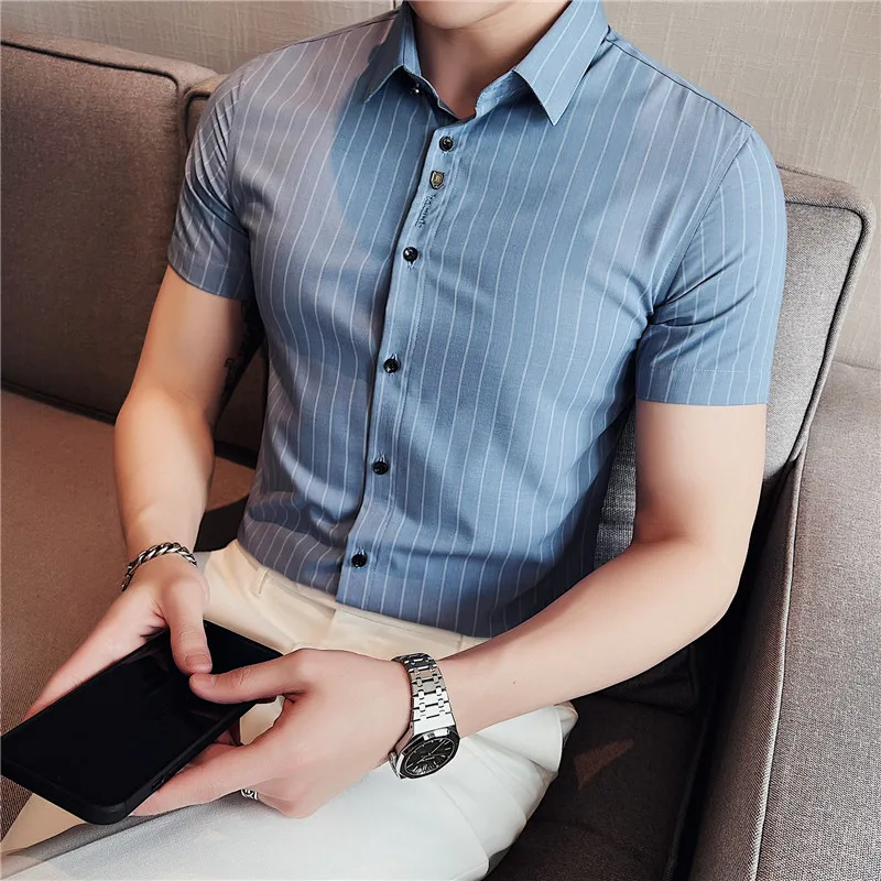 

Plus Size 4XL-M Men's Summer Short Sleeve Embroidery Striped Dress Shirts 2022 Korean Buttons Slim Casual Social Tuxedo Blouses