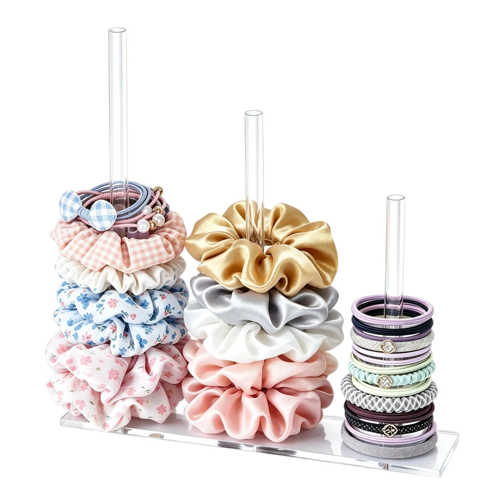 3 Tier Clear Acrylic Scrunchie Holder with Round Vertical Slots for Hair Ties 8.7 x 2 x 8.7 in Organizer Stand