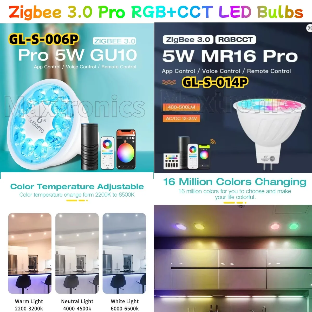 5W Zigbee 3.0 Pro RGB+CCT LED Bulbs GL-S-006P/GL-S-014P Tuya Smart Life APP Alexa Conbee 2.4G RF Remote MR16 /GU10 LED Spotlight
