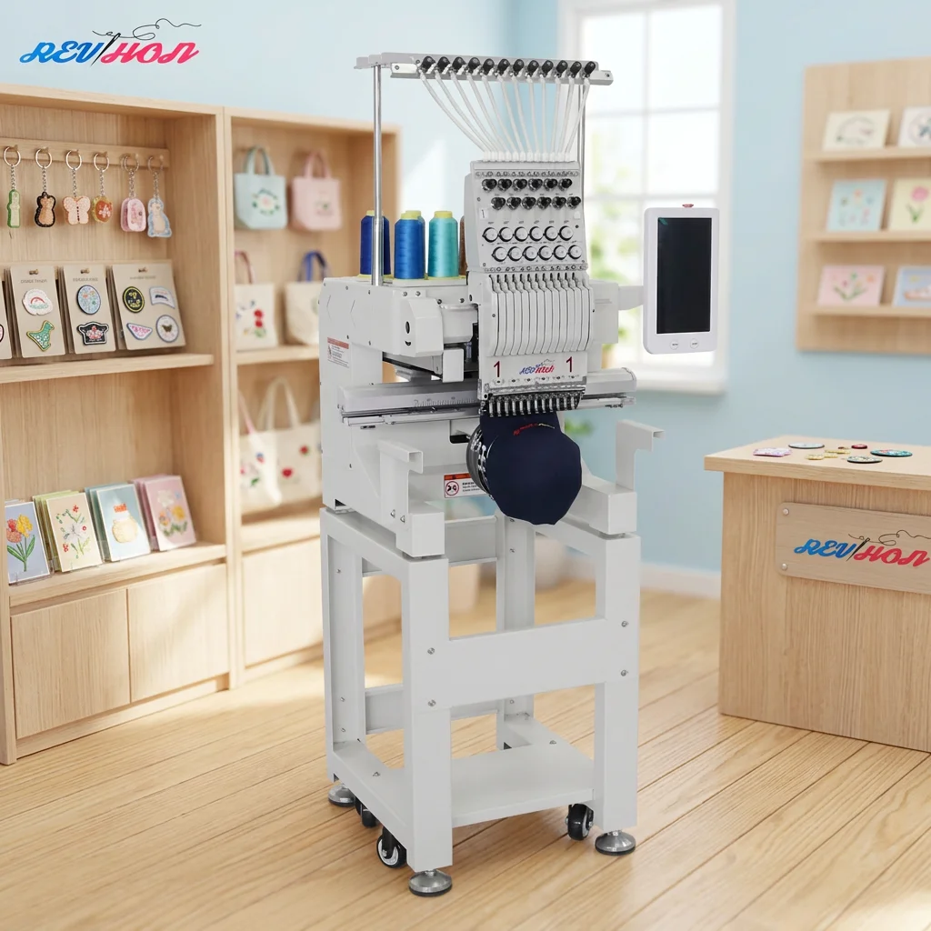 REVHON 12 Needle High Speed 1200 RPM Fully Automatic Single Head Computerized Flat Embroidery Machine New