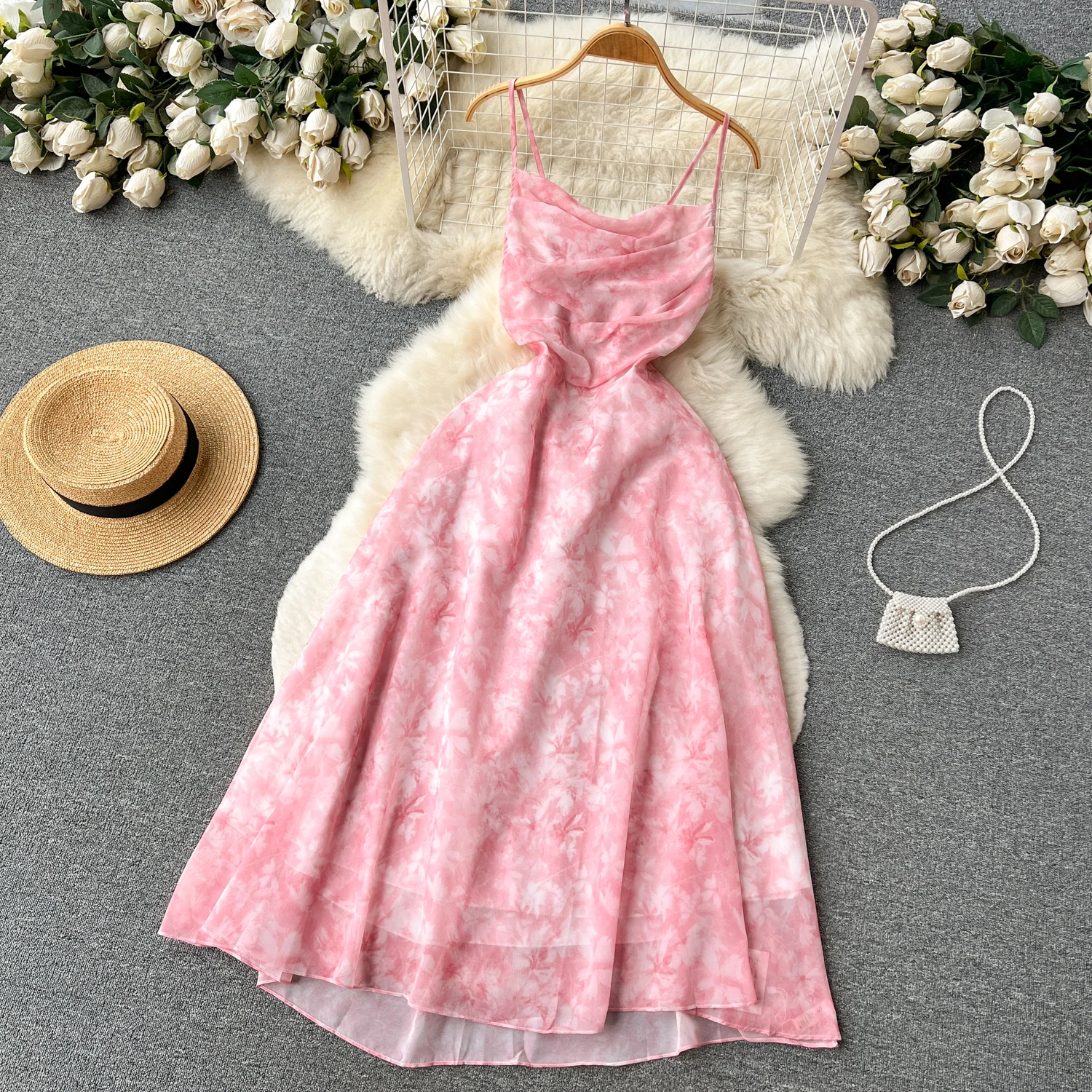 Jupe mi-longue en mousseline de soie pour femmes, fée d'été, ajourée, ceinturée, imprimé Floral, Dr coréen, taille haute