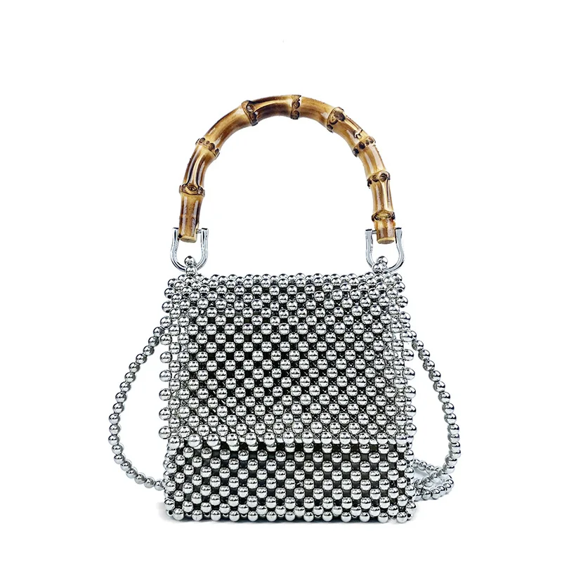

Handmade Woven Beads Pearls Bag Luxury Bamboo Handle Handbags Hollow Mini Evening Shoulder Bags for Women Party Wedding Clutch