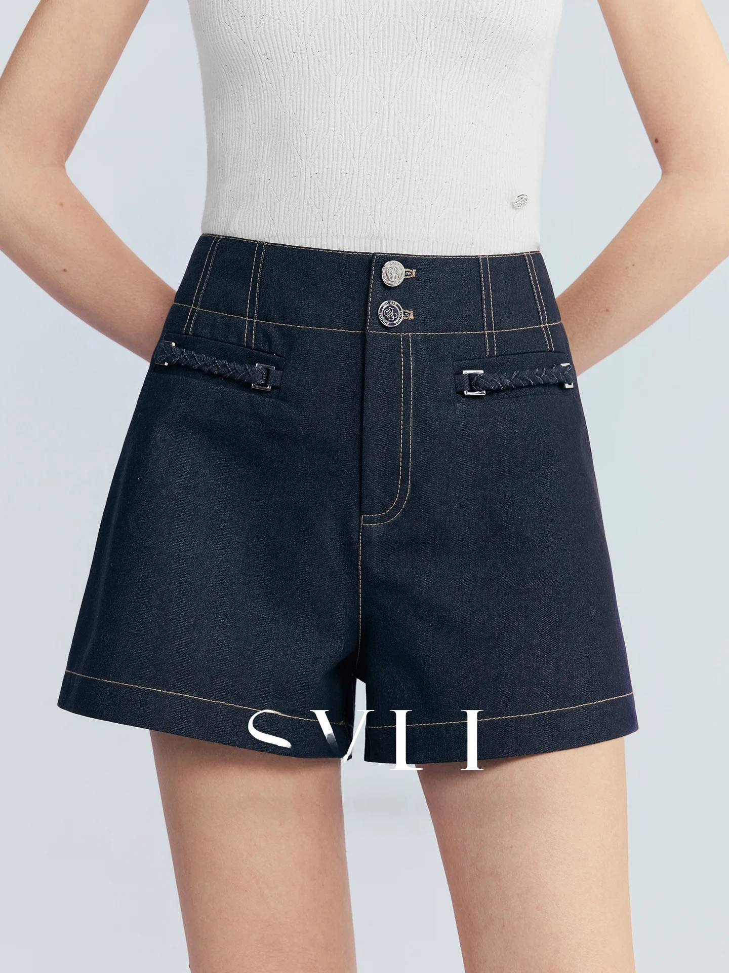 

Vintage A-Line Shorts SVLI Casual Style D-Ring Buckle Denim Imitation Twist Design Versatile Comfortable Mid-Year Spring...