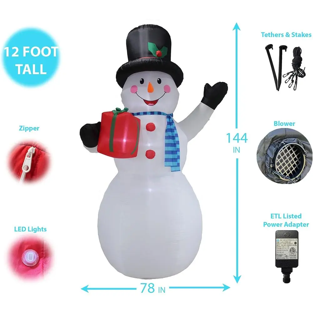 رجل ثلج عملاق مضيء بطول 12 قدمًا مع صندوق هدايا لعيد الميلاد، مثالي للاحتفالات الخارجية والداخلية
