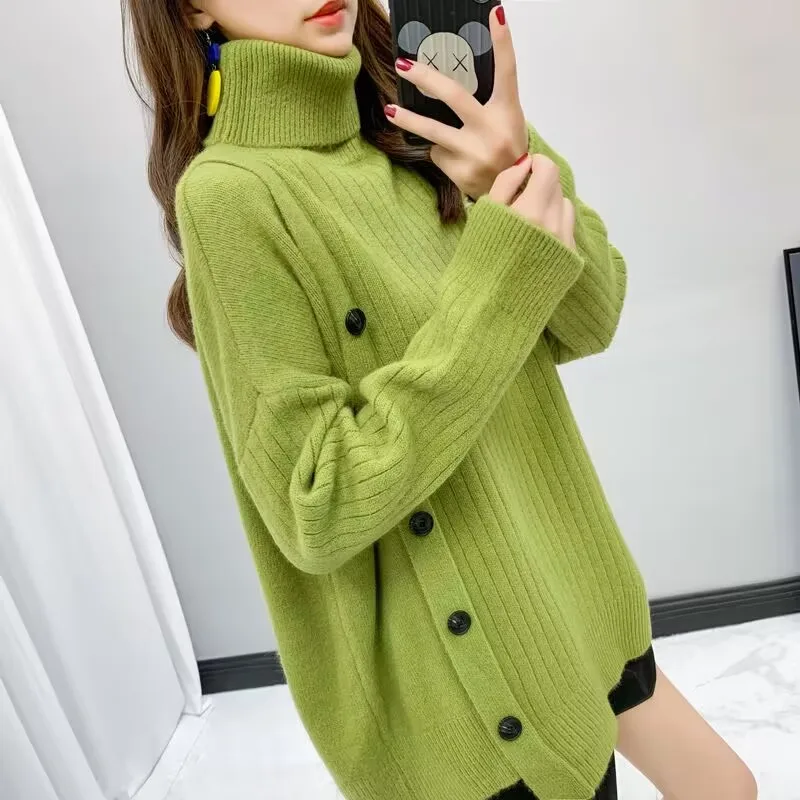 2025 New Turtleneck Pullover Sweater Women Autumn Winter Knitted Sweater Korean Style Button Casual Outwear knitted Sweater