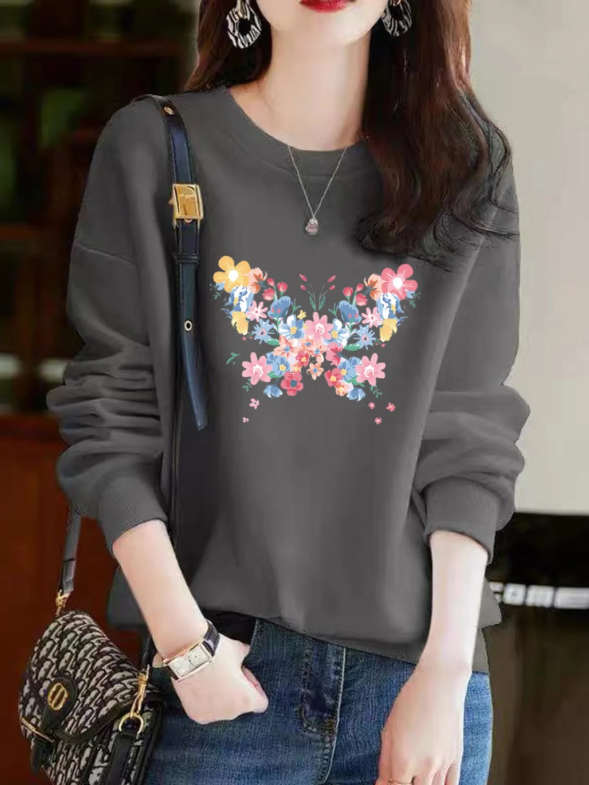 Multicolor Loose Fit Pure Cotton Hoodie Women's Base Layer Shirt Korean Style round Neck Long Sleeve Printed Organic Cotton