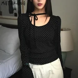 Matakawa Y2k Bandaj T Shirt Kadınlar için Puantiyeli Bahar Sonbahar Kore Moda Ropa De Mujer Seksi Vintage Ince Camisetas