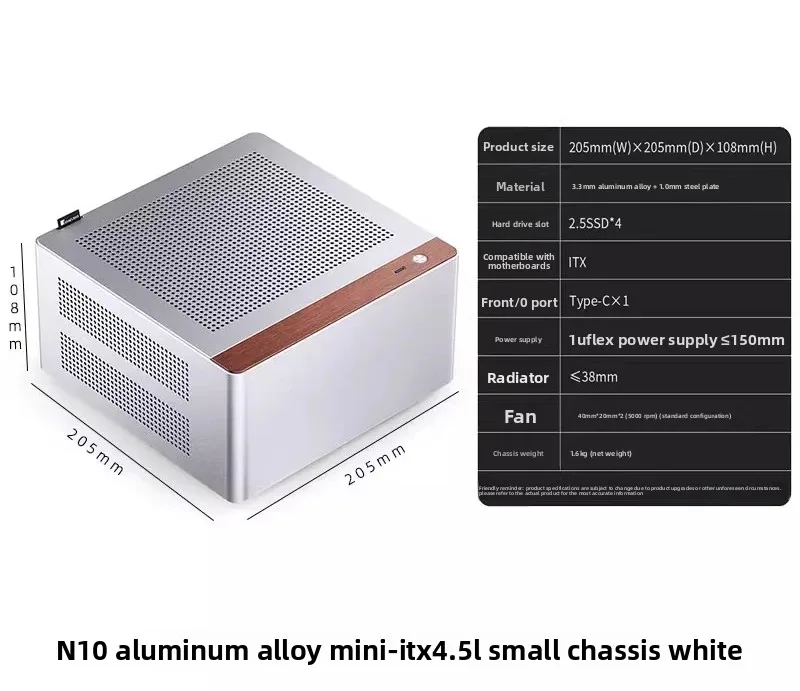 NV10 Aluminium A4 Mini ITX computerbehuizing, draagbare desktopbehuizing voor gaming, HTPC en het zelf samenstellen van een pc.