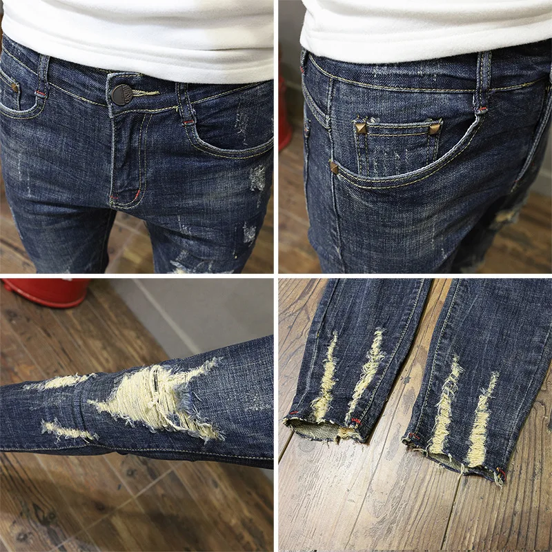 New 2022 Fashion Blue Ripped Hole Patch Slim Pants Male Skinny Jean Men Raw Edge Cat Claw Stretch Denim Ankle Length Pants Men