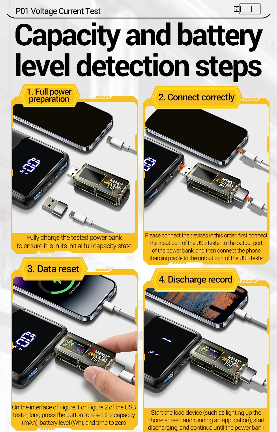 ANENG P01 USB-Tester, Voltmeter, Amperemeter, Typ-C-Schnellladungsdetektor, Kapazitäts- und Rippelmessgerät – Detail 14