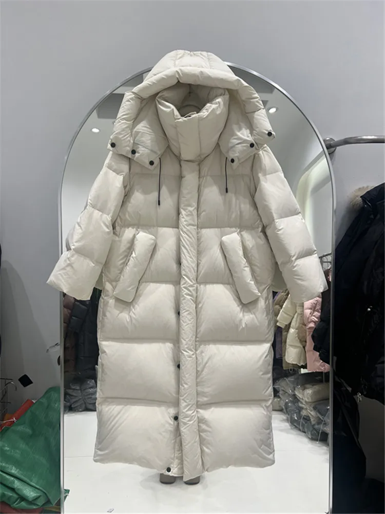 

2024 Winter New Women's Long Down Jacket Over Knee Thickened Loose Straight Tube Large Quilt White Duck Down Coat Trendy Female