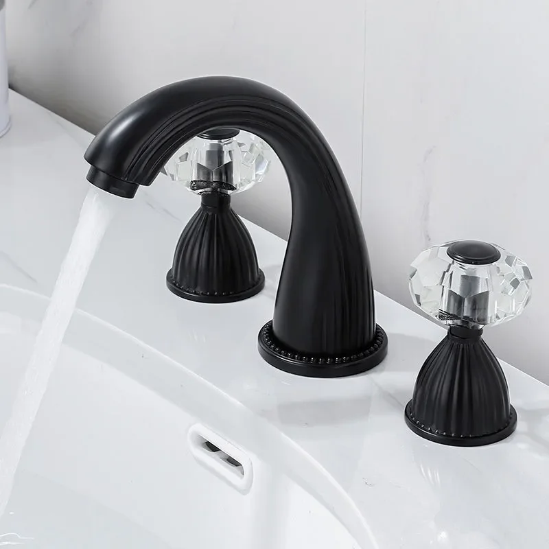 Gold Brass Bathroom Basin Faucet Deck Mounted Crystal Double Handle Three Hole Cold And Hot Mixed Water Sink Tap Bathtub Faucet
