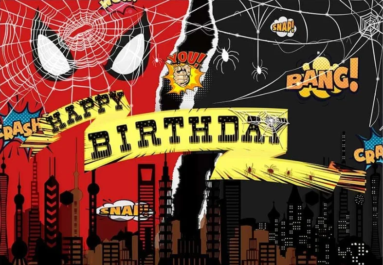 Superhero Birthday Backdrop Red Black Spider Fighting in Night Cityscape for Boys Kids Birthday Party Party Decorations Supplies