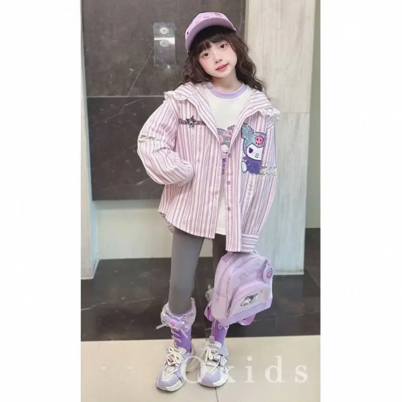 Sanrio Anime 주변 캐릭터 Kuromi Girls Jacket 2025 봄 신작 아동 셔츠 탑 소녀 베이비 멜로디 여름 셔츠 선물