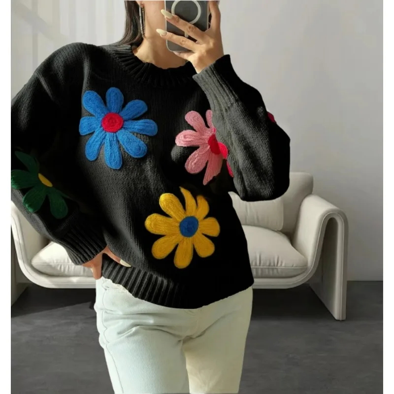 Colorful Flower Thicken Cute Style Sweater Coat Sweet Fresh Female Clothes Autumn New Fashion Women\'s Long Sleeve Knitted Top