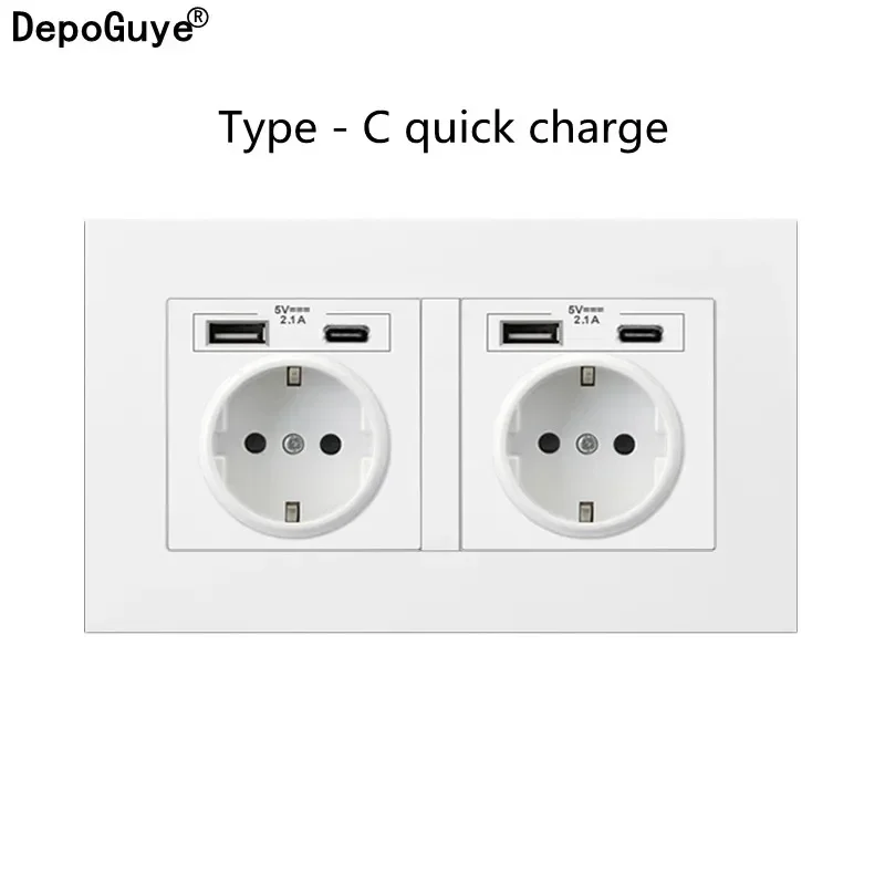 

EU standard Type-C USB wall socket, mobile phone quick charging adapter, EU USB plug dual socket, 16A Power outlet AC110V-250V