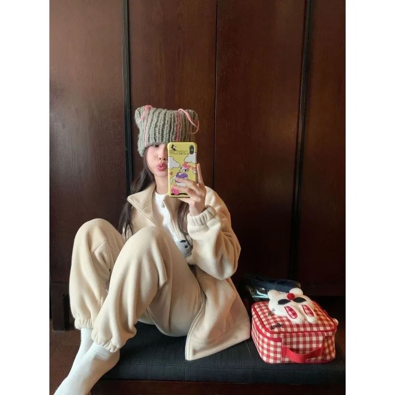 Can Be Worn Outside Double Polar Fleece Warm Female Winter Korean Version Fallow Loose Thickening Type Two-piece Loungewear