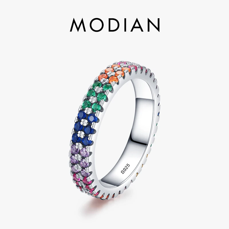 MODIAN Pure 925 Sterling Silver Bright Multi-color Cubic Zirconia Fashion Eternity Rings For Women Rainbow Color Fine Jewelry