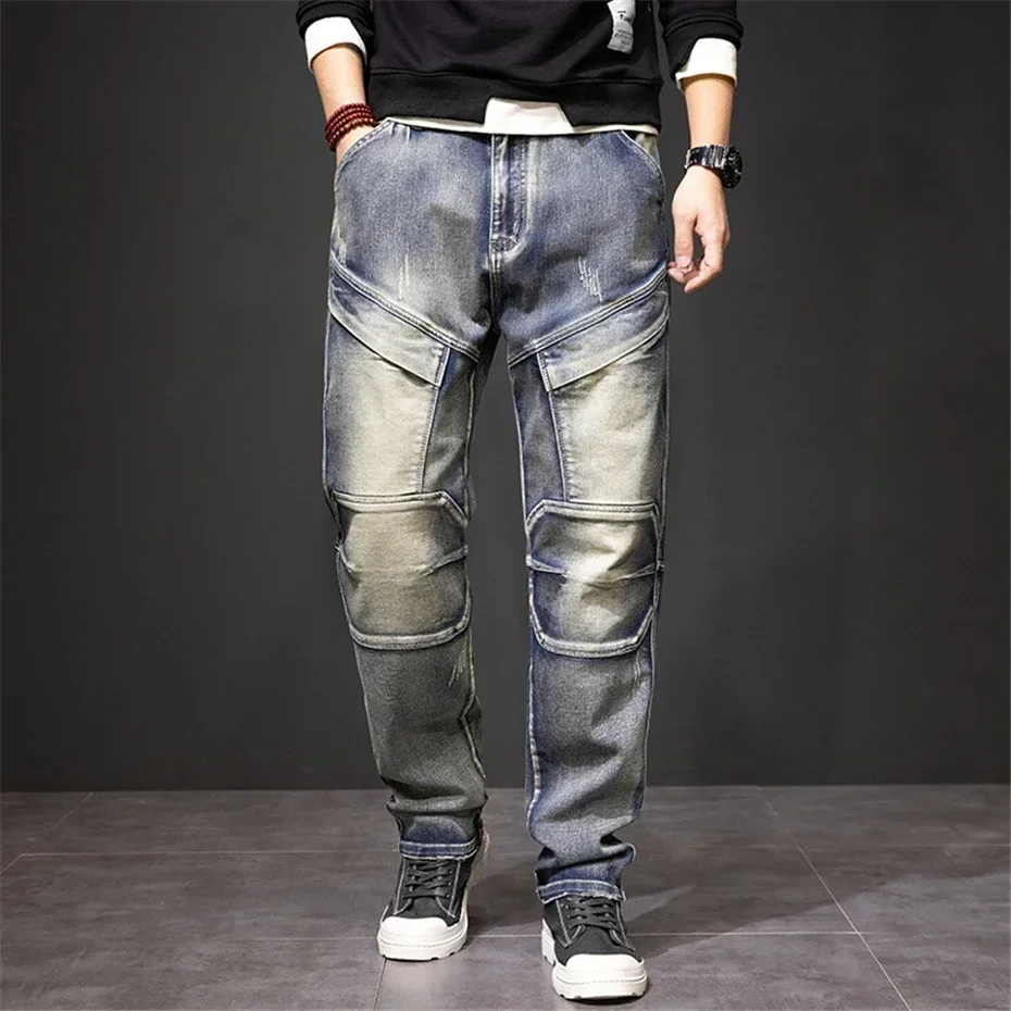 Jeans punk vintage masculino, calças jeans, moda carga, streetwear, calças de baixo masculinas, calças punk, plus size 40, 44