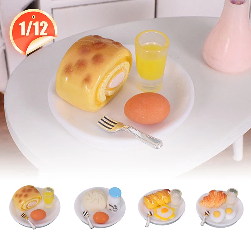 Mini petits pains cuits à la vapeur pour maison de poupée, ensemble de lait, pain aux œufs, Simulation de petit déjeuner, modèle alimentaire, décor de scène de cuisine, jouets de jeu, 1/12