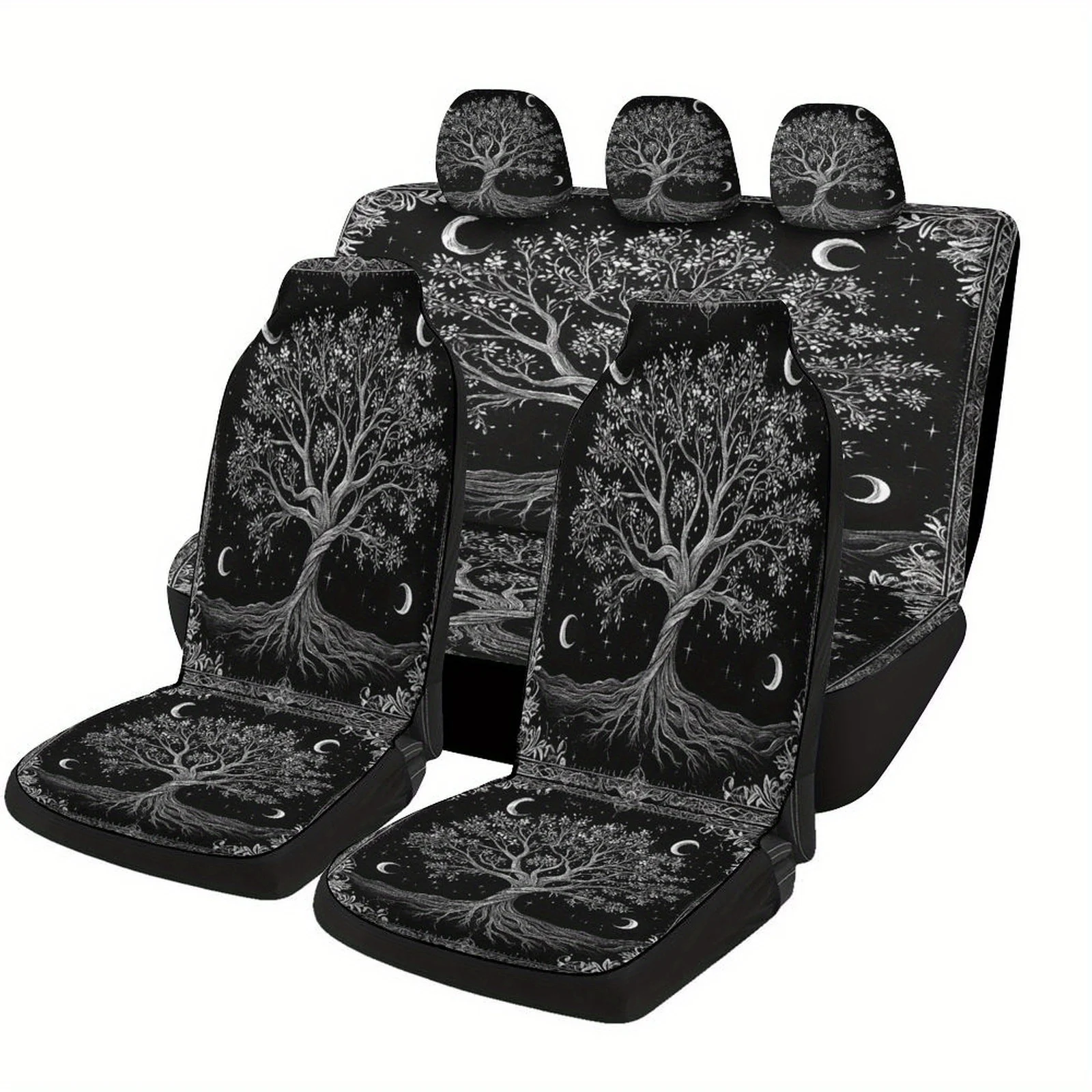 Tree Of Life Car Seat Cover Set - Stylish Black & White Nature Design For Front & Rear Seats, Universal Fit For Most Vehicles, M