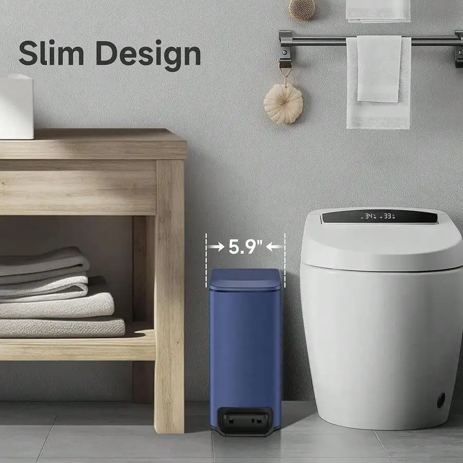 

Slim Bathroom Trash Can With Lid Soft Close Step Pedal 6L Stainless Steel Small Garbage Bin Blue