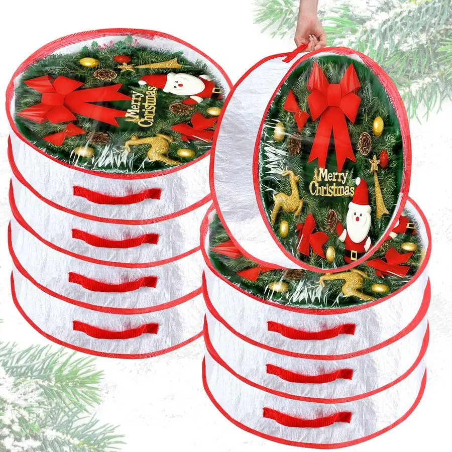 

8 Pieces Wreath Container Christmas Wreath Storage Bag Garland Tear Resistant Fabric Round Boxes with Clear Window for Storage f
