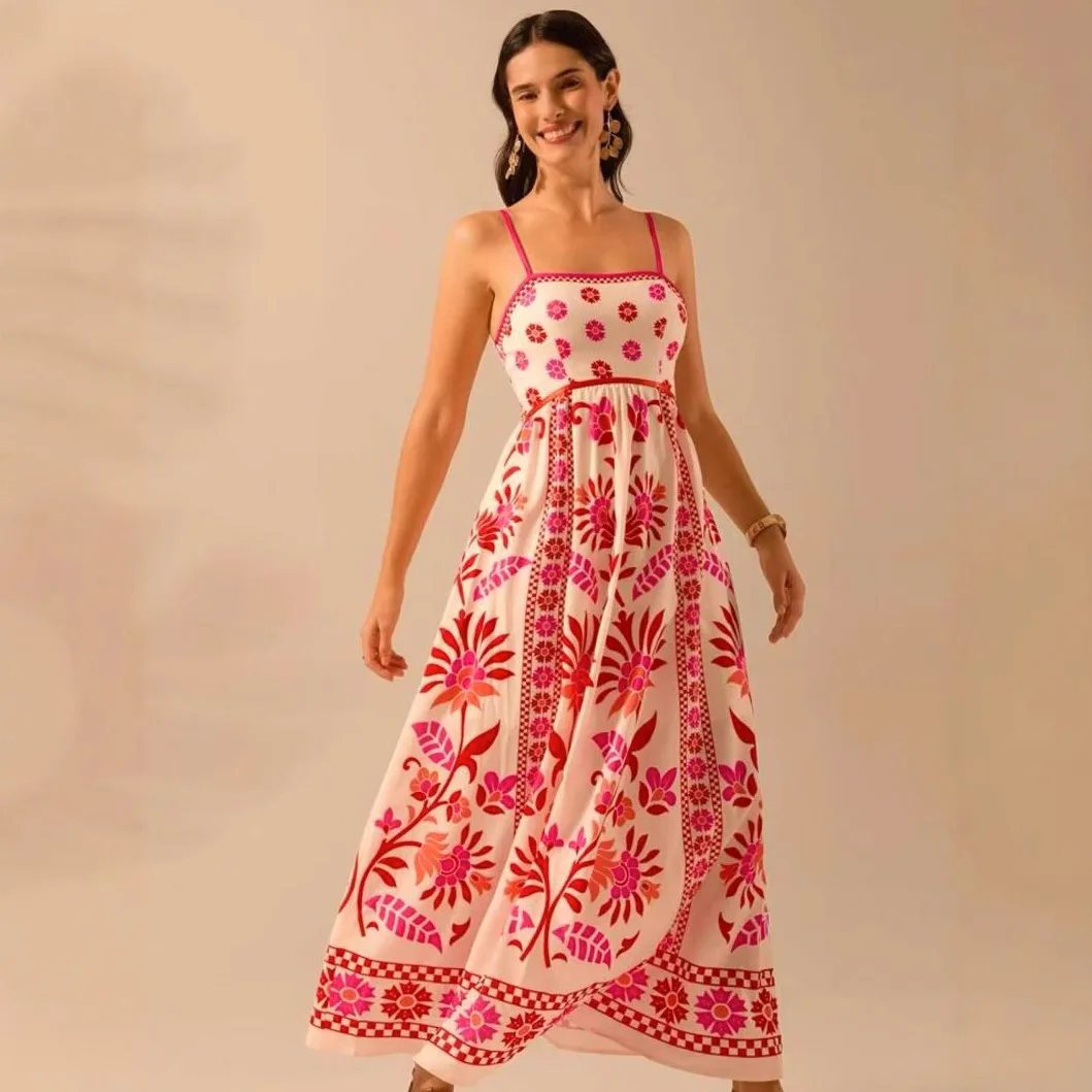 

2025 Women's Bohemian Style Dress Floral Strap Knot Long Skirt Elastic Waist Square Collar Sleeveless Ankle-Length Gown