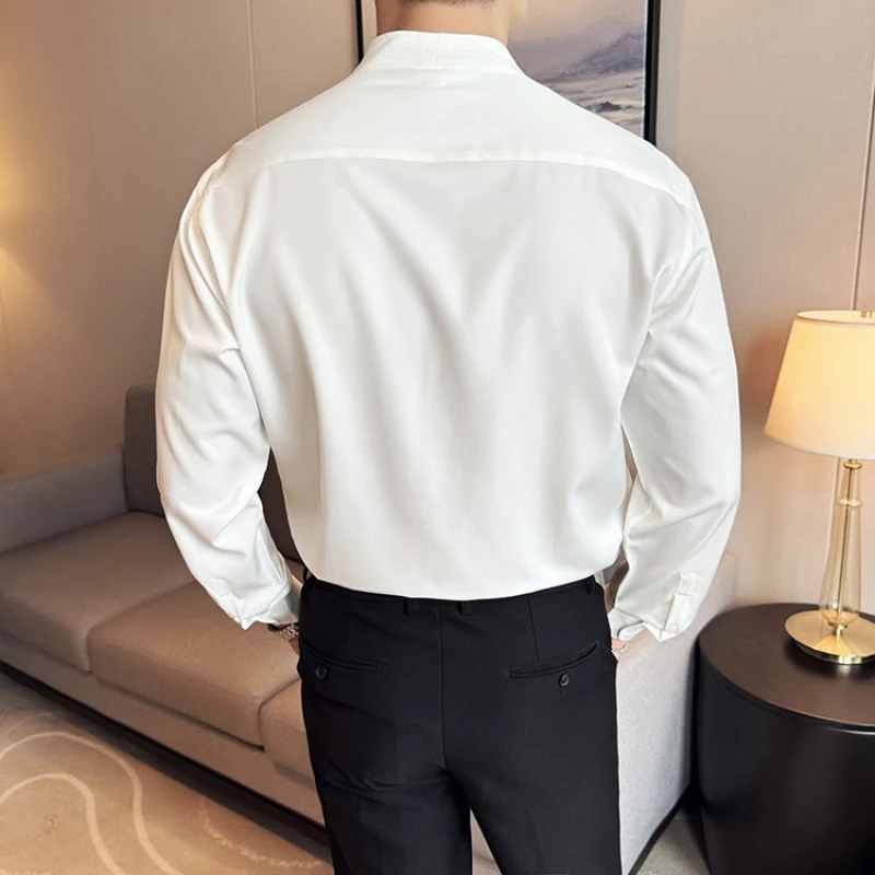 High Quality Collarless Shirt for Men Fashion Long Sleeve Casual Business Dress Shirts V-neck Social Party Tuxedo Blouse 2024