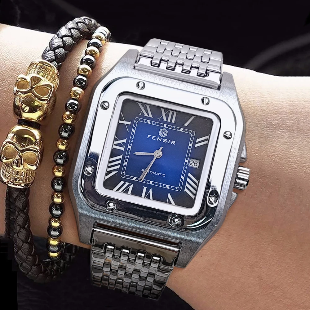 ساعة رجال الأعمال الفاخرة من سلسلة Santos Tank، مينا مربعة، مع عرض التقويم، حزام مشبك على شكل فراشة من الفولاذ المقاوم للصدأ، ساعة يد رجالية عصرية كاجوال وبسيطة وأنيقة، أفضل هدية له